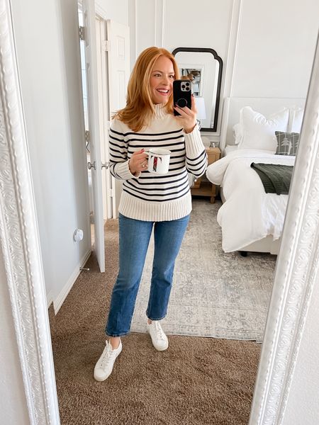 Today’s mommy outfit! J.Crew sweater runs true to size if you like it to fit normally. If you want oversized, go up a size! Madewell jeans I get my regular size in!

#LTKfindsunder100 #LTKsalealert #LTKstyletip