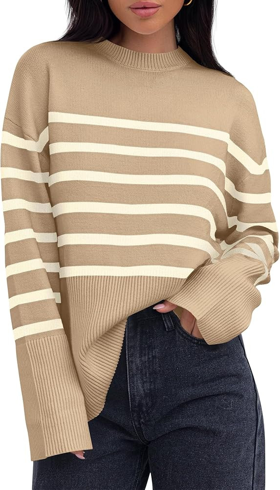 ZESICA Women's 2025 Fall Winter Striped Long Sleeve Crew Neck Ribbed Knit Side Slit Oversized Pul... | Amazon (US)
