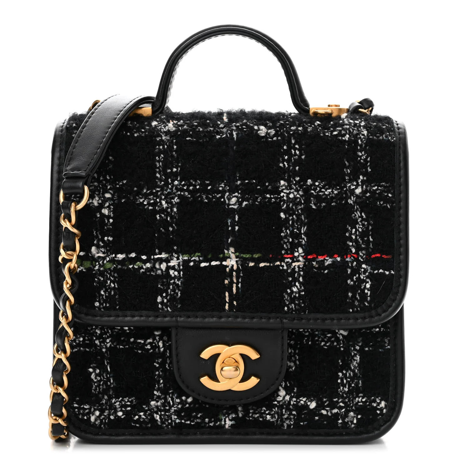 Tweed Calfskin School Memory Mini Top Handle Flap Black White Red Green Beige | FASHIONPHILE (US)