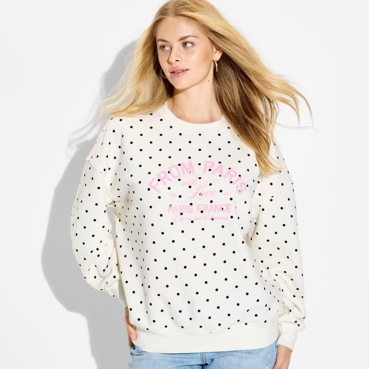 Women's Paris Fleece Graphic Pullover Sweatshirt - White Polka Dots | Target