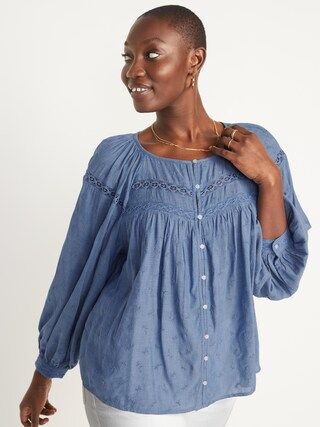 Long-Sleeve Lace-Trimmed Embroidered Chambray Blouse for Women | Old Navy (US)