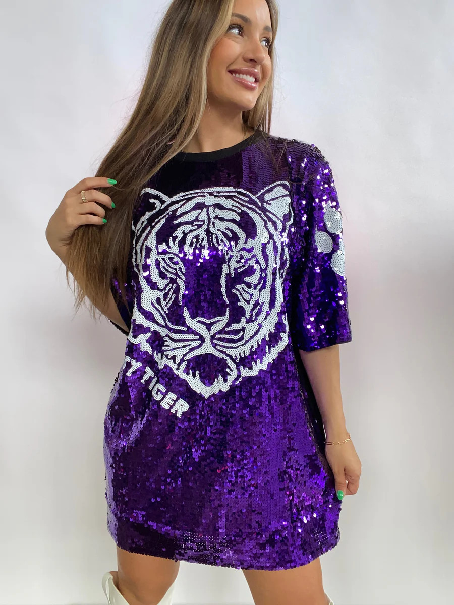 Tiger Sequin Dress- Purple | Willow Boutique
