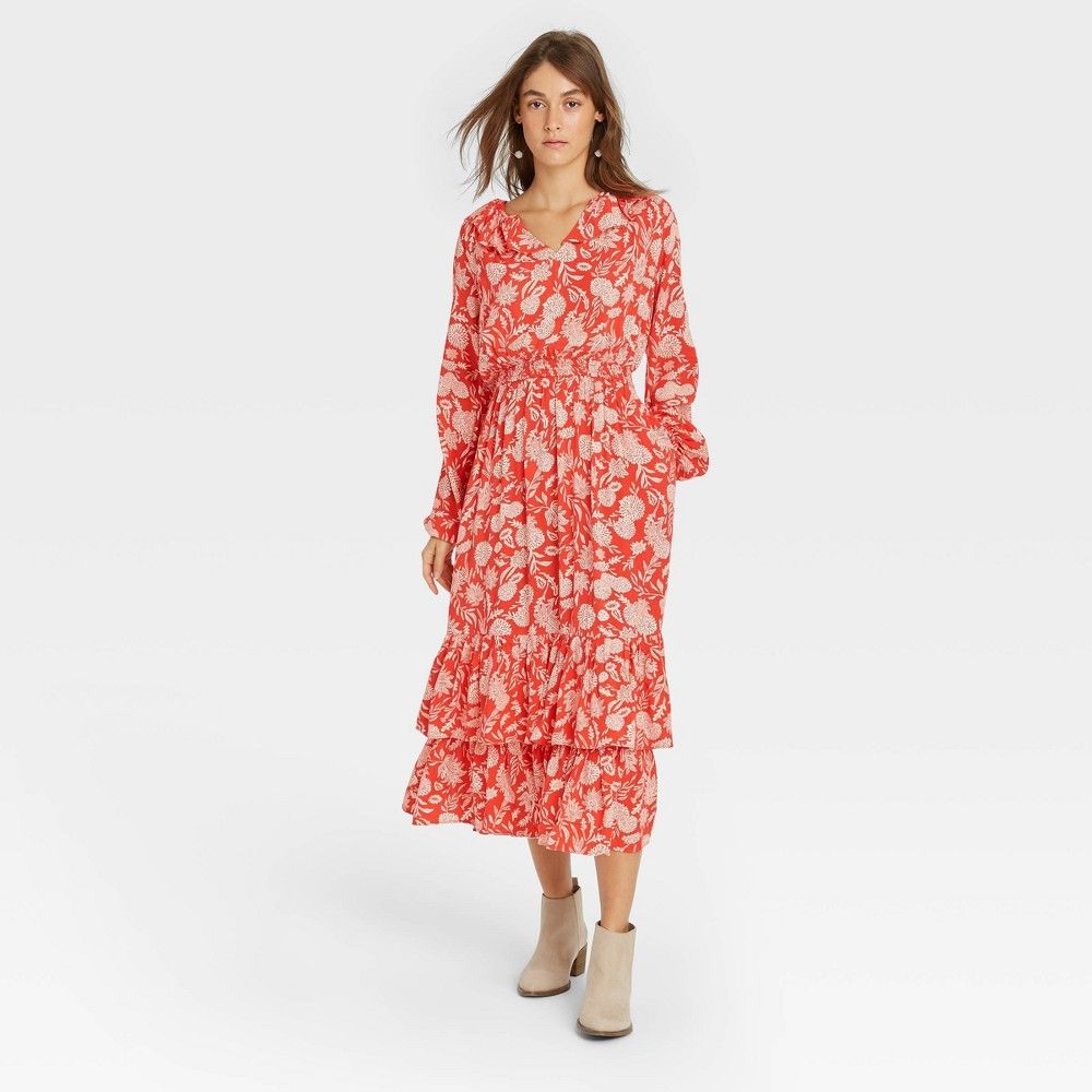 Women's Floral Print Balloon Long Sleeve Ruffle Collar Dress - Universal Thread Red XS | Target