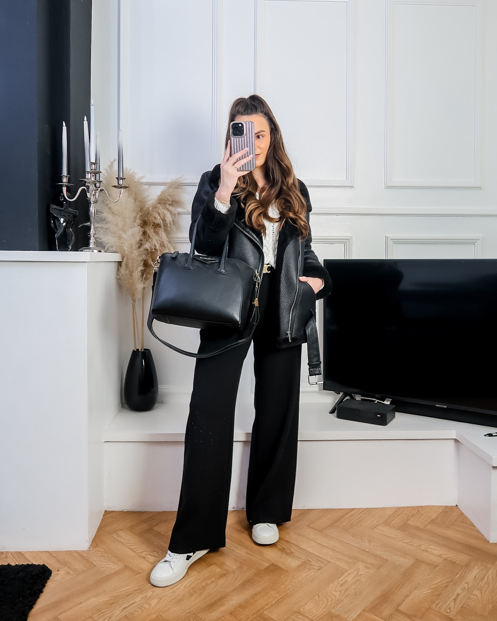smart casual outfit, winter fashion, black aviator jacket, tailored trousers, Veja trainers, cable knit sweater, Givenchy bag, chic street style, everyday fashion, UK fashion inspo, neutral outfit, monochrome outfit 

#LTKworkwear #LTKeurope #LTKuk