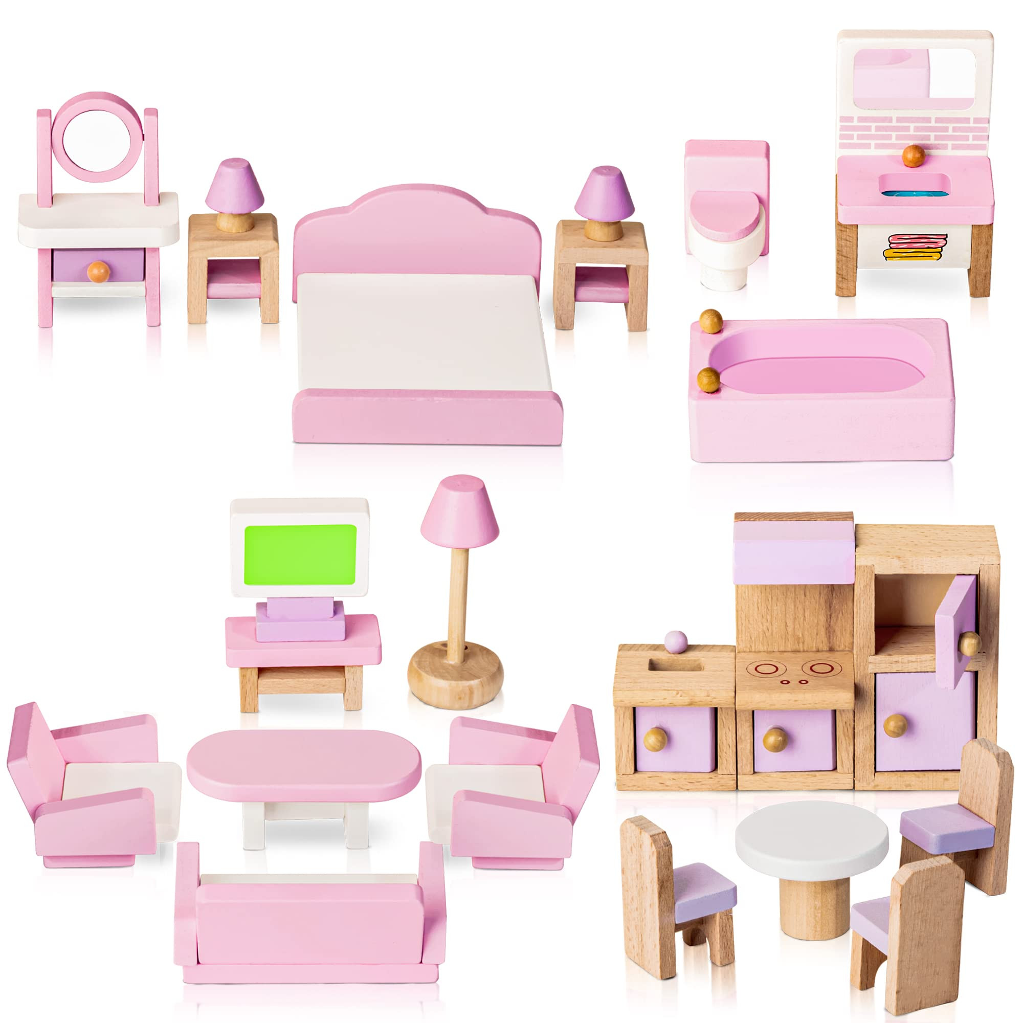 Wooden Dollhouse Furniture Set, 22 PCS Doll House Accessories Including 5 Room Kits, Little Peopl... | Amazon (US)