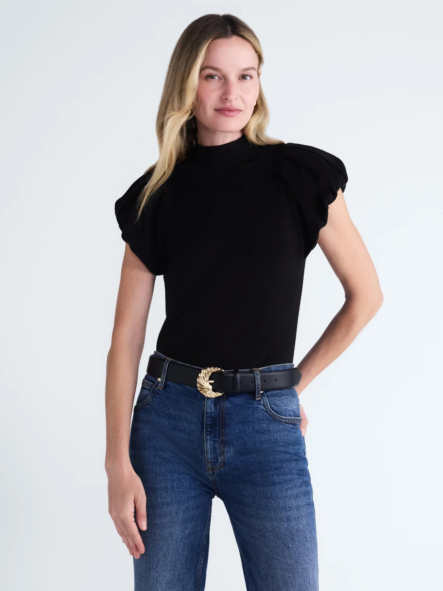 Scoop Women's Mock Neck Top with Bubble Cap Sleeves, Sizes XS-XXL | Walmart (US)