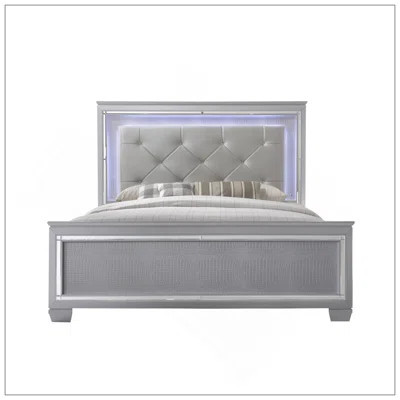 1Pc Modern King LED Faux Leather Upholstery Panel Bed Beveled Mirror Accents Textured Footboard Silver Beige Finish | Wayfair North America