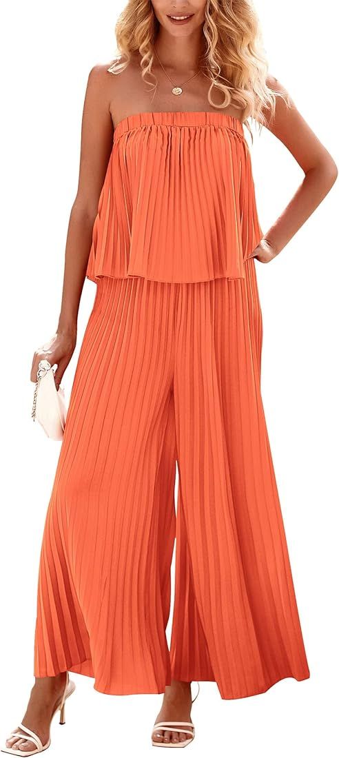 BTFBM Women Off Shoulder Summer Rompers 2023 Strapless Pleated Wide Leg Palazzo Pants Jumpsuit On... | Amazon (US)