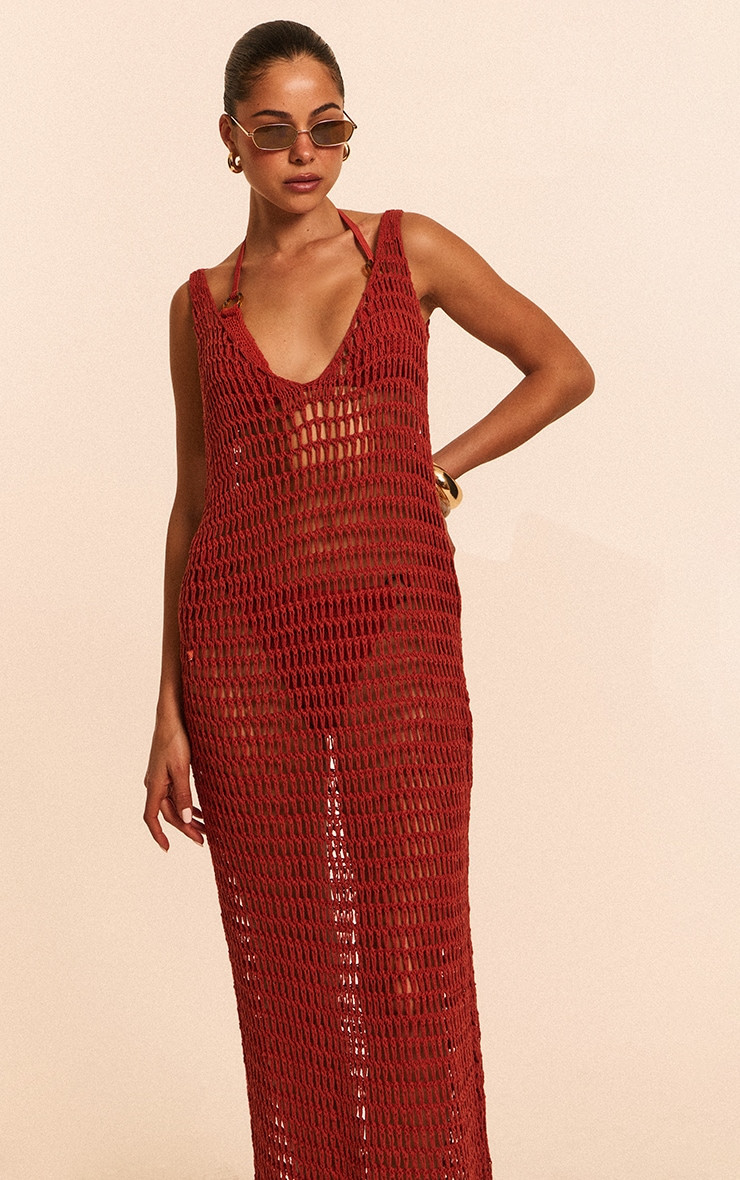 Rust Crochet Sleeveless Maxi Beach Dress | PrettyLittleThing UK