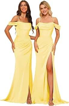 PUXIU Long Satin Bridesmaid Dresses for Women Spaghetti Strap Prom Dress with Silt PU070 | Amazon (US)
