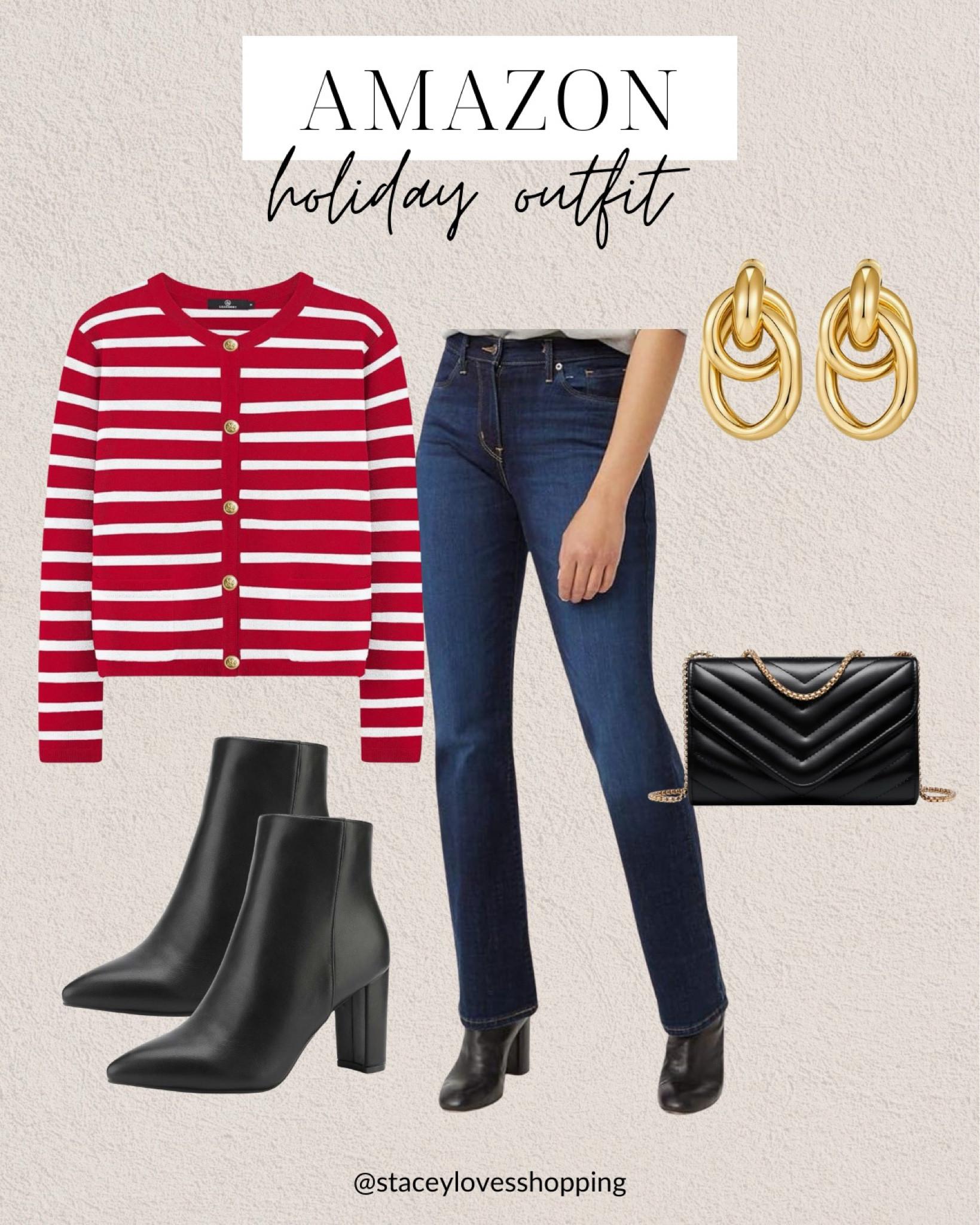 Holiday outfit idea - red striped cardigan, bootcut jeans, boots and a black purse.

#LTKHoliday #LTKOver40 #LTKFindsUnder50