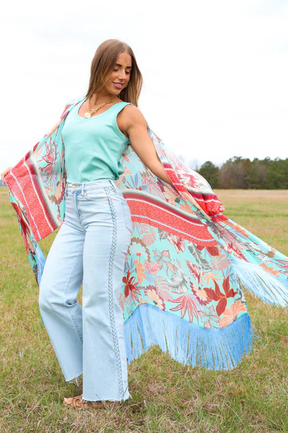 Cerulean Reef Azule Bloom Fringed Kimono | The Willow Tree