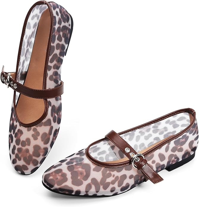 Leopard Flats for Women Mesh Ballet Flats Mary Jane Animal Print Shoes Slip On Casual Breathable ... | Amazon (US)