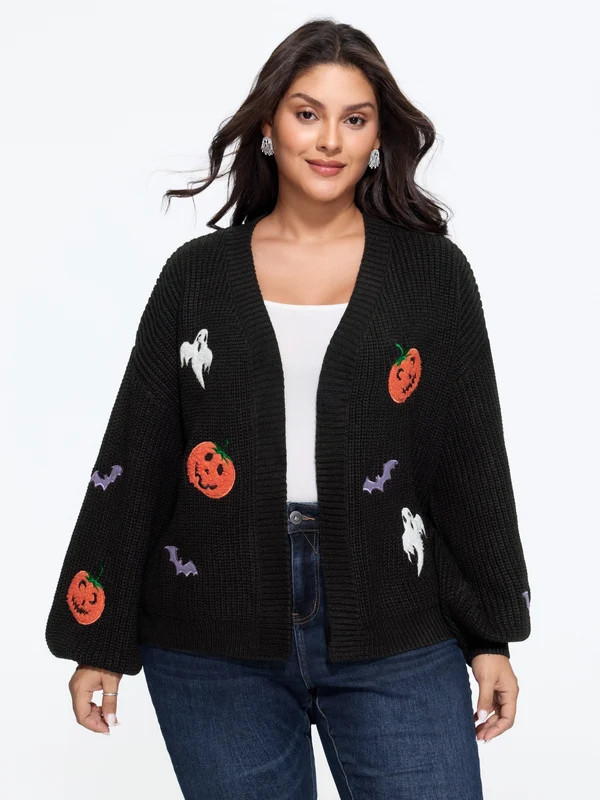 Pumpkin Ghost Bat Patch Embroidery Open Front Cardigan | Bloomchic
