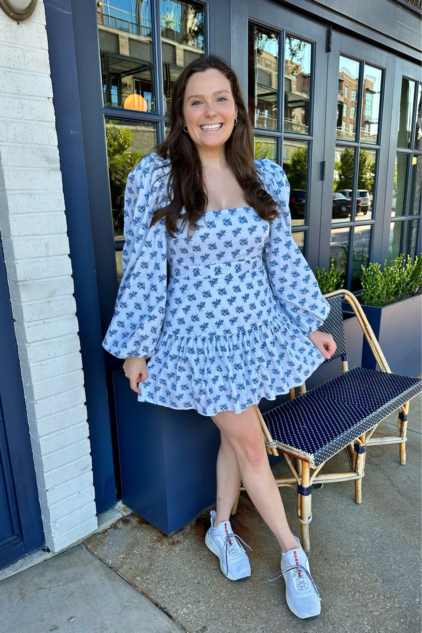 OOTD: caroline constas dress, Prada sneaker, Lele Sadoughi huggie hoops