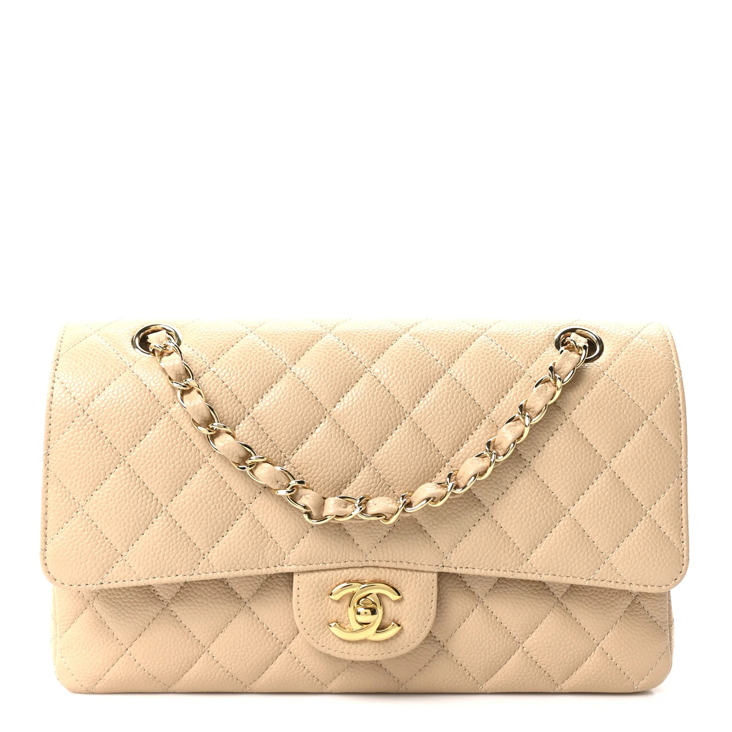 Caviar Quilted Medium Double Flap Beige | FASHIONPHILE (US)