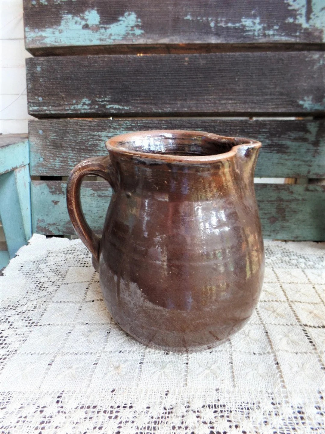Vintage Stoneware Pitcher Pottery Jug Brown Rustic Farmhouse | Etsy (US)