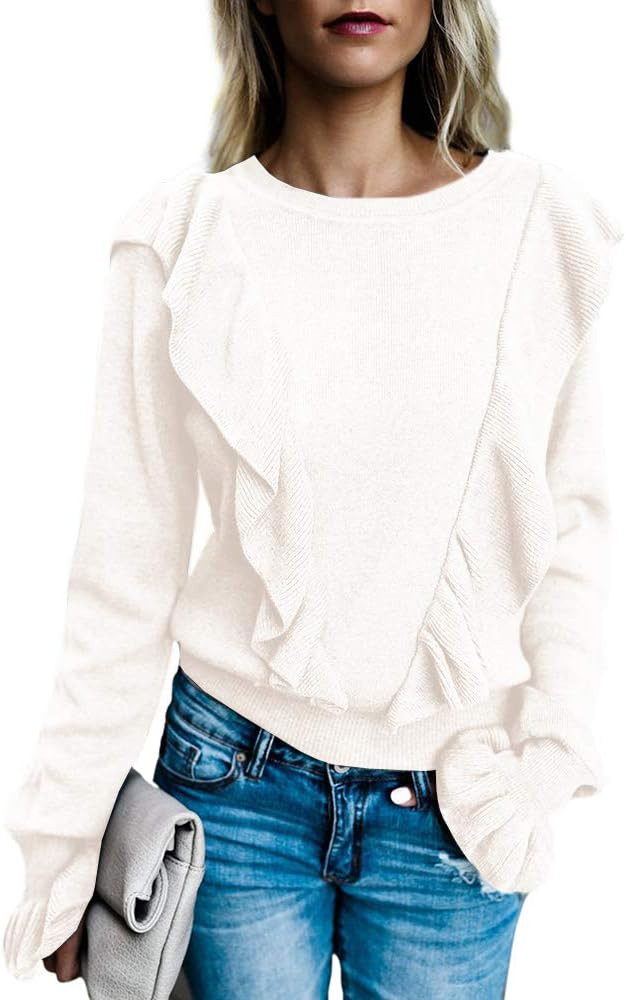 Valphsio Women's Long Sleeve Ruffle Front Rib Knit Shirt Crewneck Puff Pullover Cute Tops | Amazon (US)