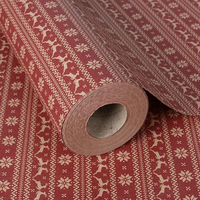 Aimyoo Kraft Christmas Wrapping Paper Jumbo Roll, Red Stripe Reindeer Snowflakes Design, Xmas Gif... | Amazon (US)