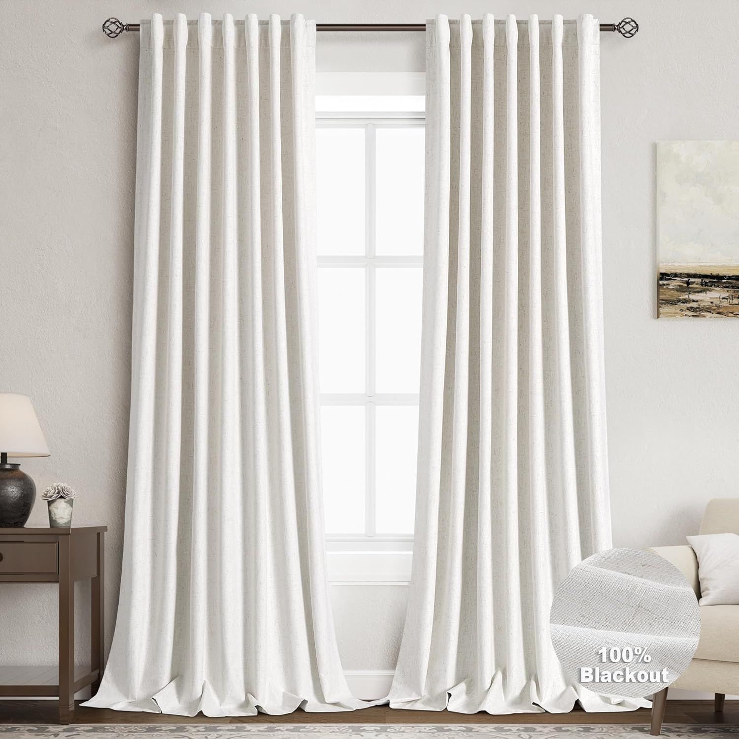 Natural Linen 100% Black Out Curtains 108 Inches Long 2 Panels Set for Bedroom Cream Ivory Pinch ... | Amazon (US)