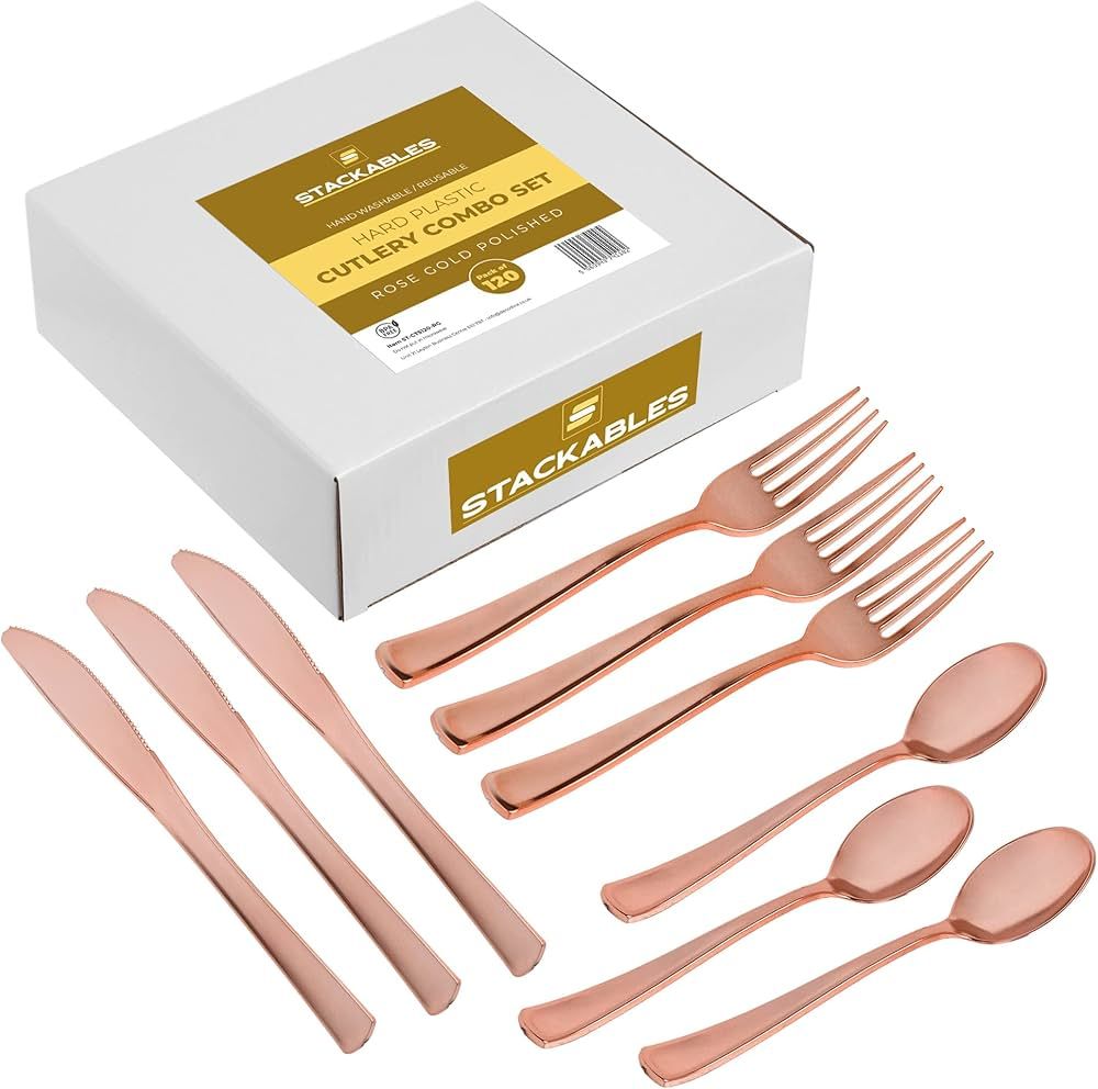 120 couverts en plastique réutilisables en or rose ~ couverts cuillères, fourchettes, couteaux. | Amazon (FR)