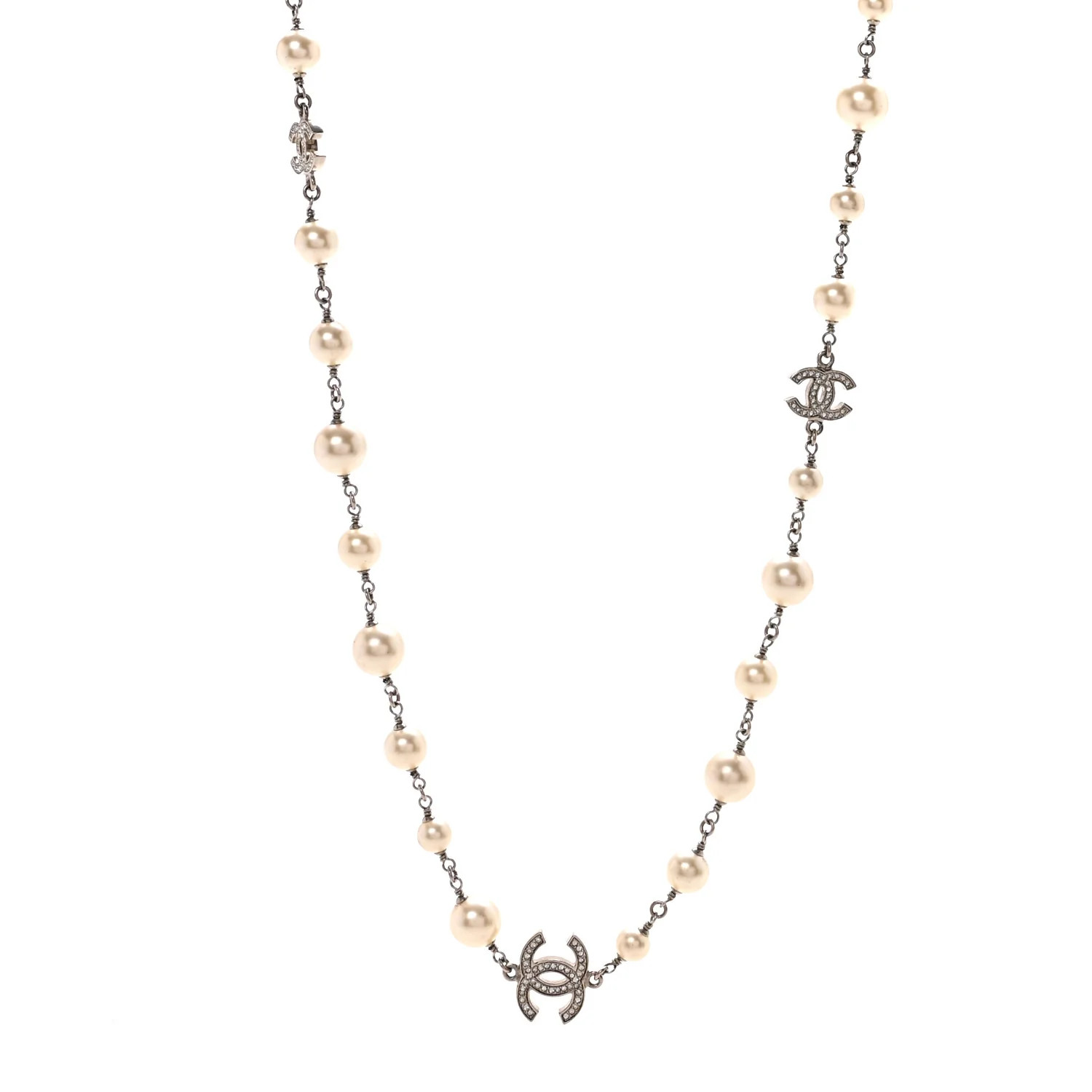 Graduated Pearl Crystal CC Long Necklace Silver | FASHIONPHILE (US)