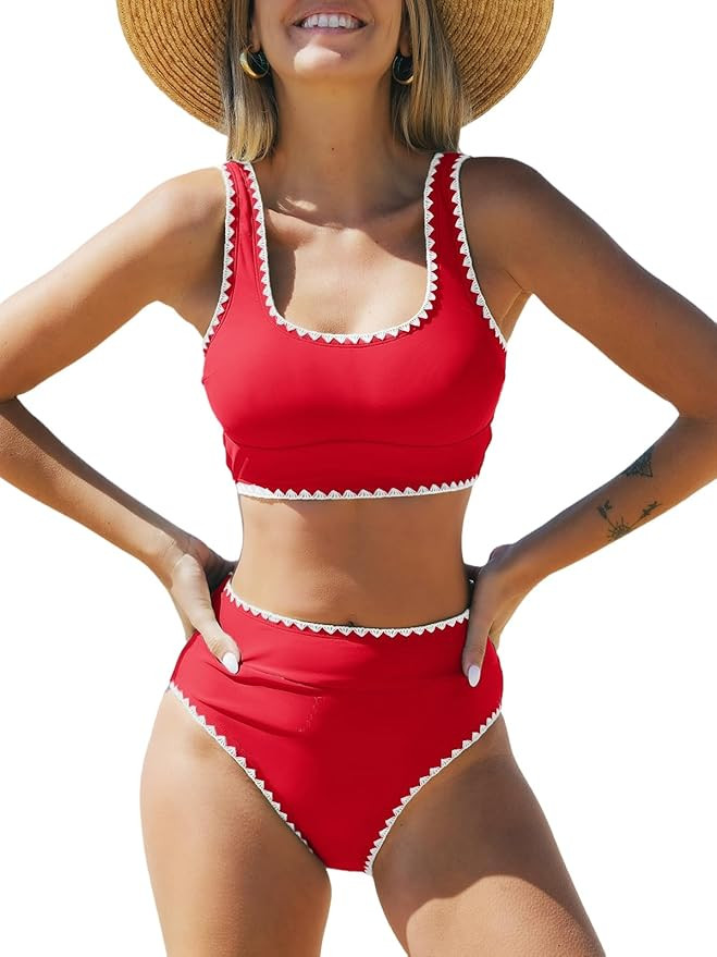 CUPSHE Women's Bikini Sets Two Piece Swimsuit Scoop Neck Tank Wide Straps Midkini Stitching | Amazon (US)