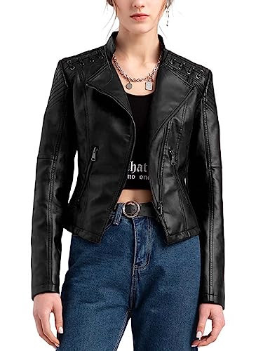 FHQueen Women's Faux Leather Jacket Varsity Moto Biker Bomber Jackets Casual Lightweight Outerwear Short Coats Black M | Amazon (US)