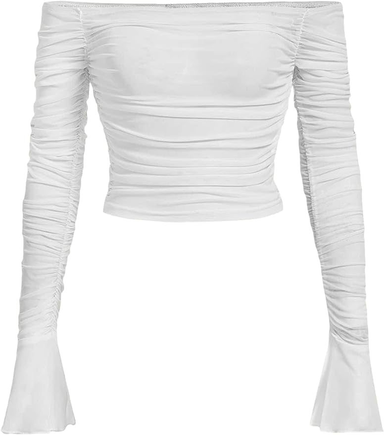 Verdusa Women's See Through Ruched Mesh Off Shoulder Split Long Sleeve Crop T Shirt | Amazon (US)