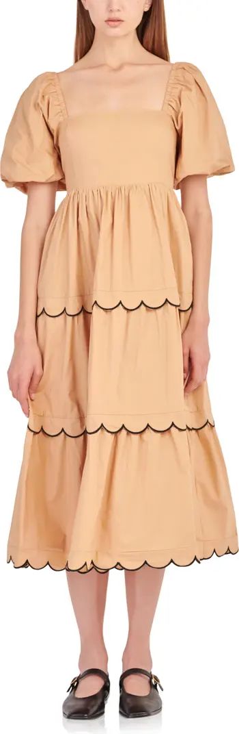 English Factory Puff Sleeve Scallop Trim Cotton Midi Dress | Nordstrom | Nordstrom