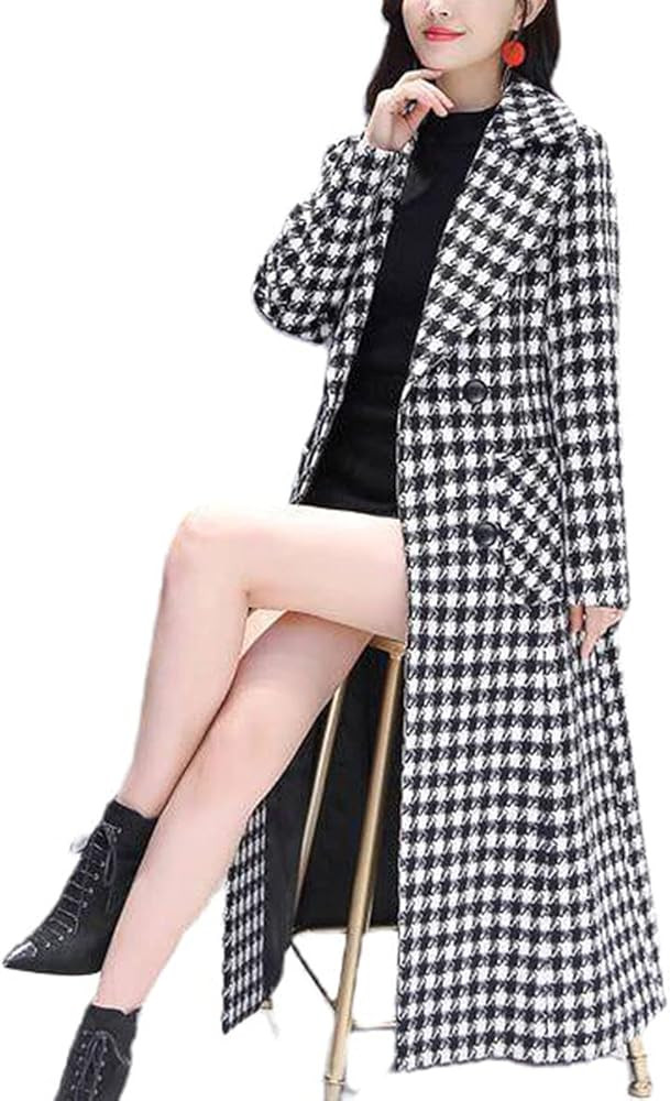 ebossy Women's Houndstooth Trench Coat Winter Single Breasted Quilt-Lined Long Coat | Amazon (US)