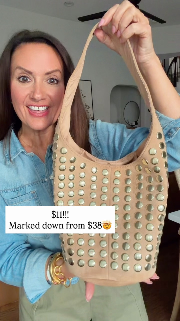 Faux suede with studs...cuuuuuute bag for fall! Just $11! Marked down from $38 (what I paid🫣🫠) 
.

#LTKootd #LTKSeasonal #LTKSaleAlert