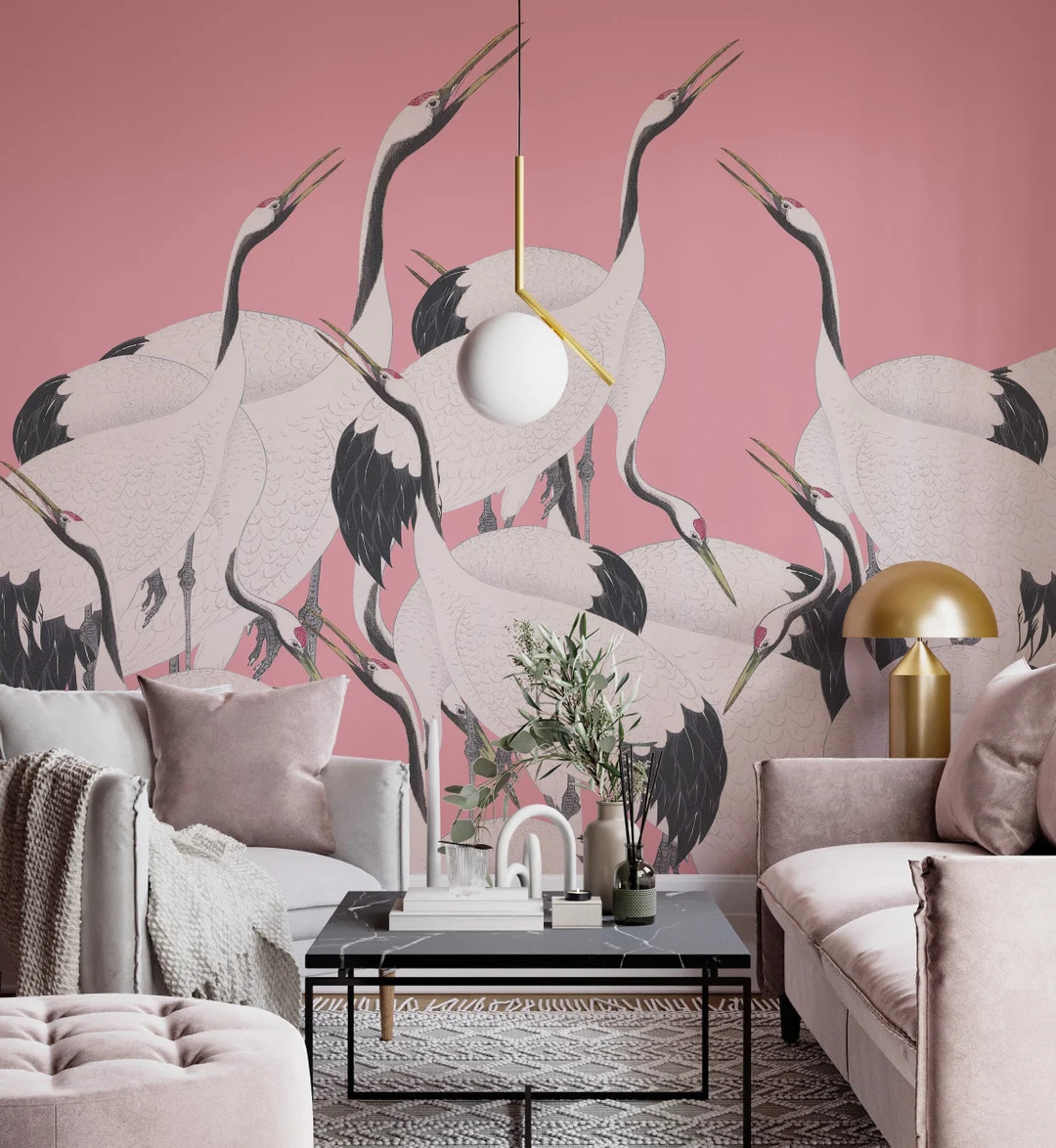 Heron wallpaper-heron wall mural pink and heron large pattern -WIV 852 | Etsy (US)