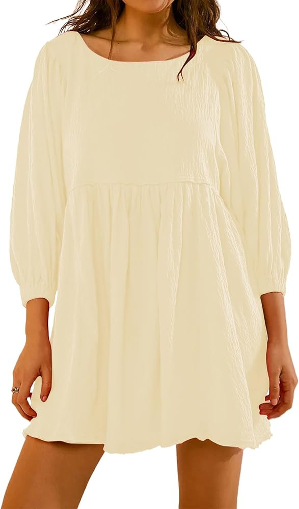 SAFRISIOR Women Summer Oversize Tunic Mini Dress Puff Sleeve Babydoll Short Flowy Dresses Casual ... | Amazon (US)