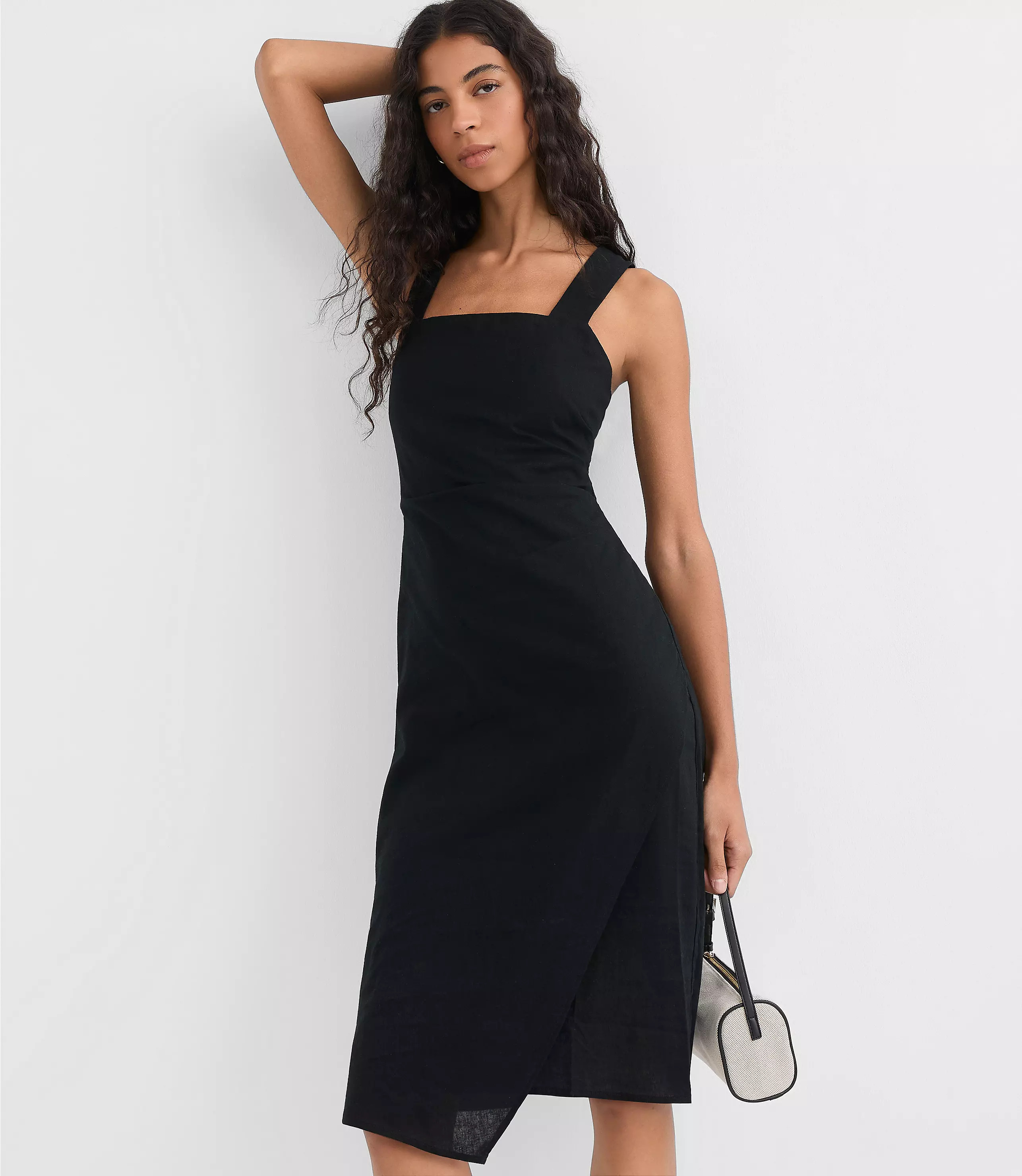 Ruched Linen Cotton Square Neck Midi Dress | LOFT