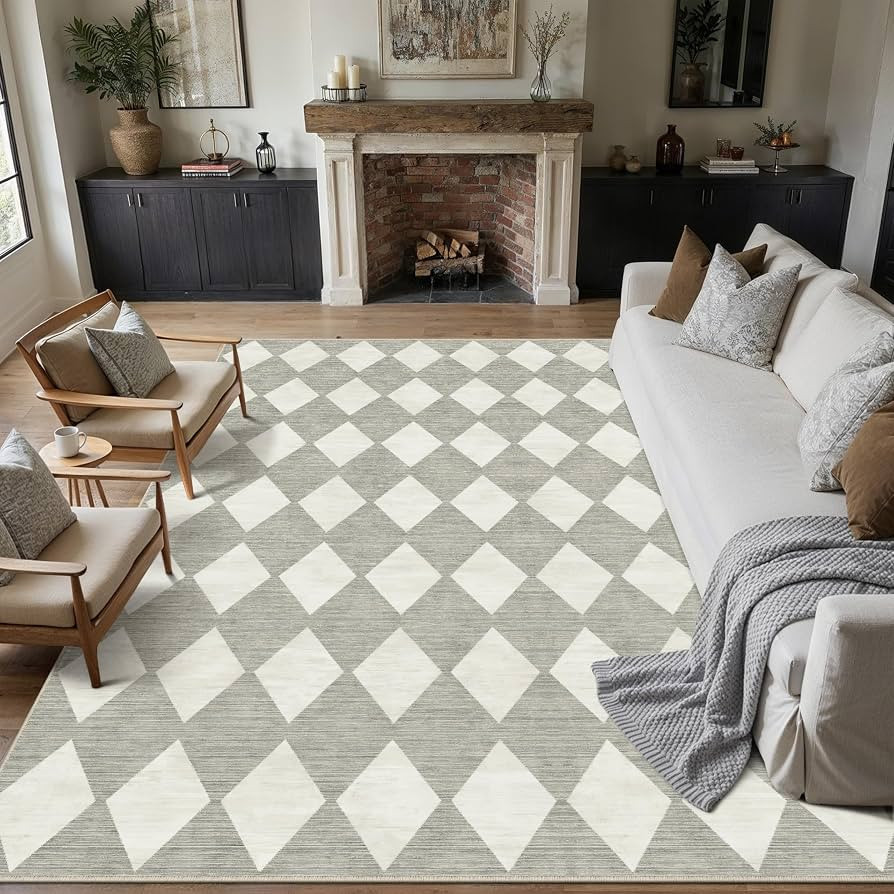 6x9 Checkered Area Rugs for Living Room Grey Machine Washable Large Rug Non-Slip Stain Resistant ... | Amazon (US)