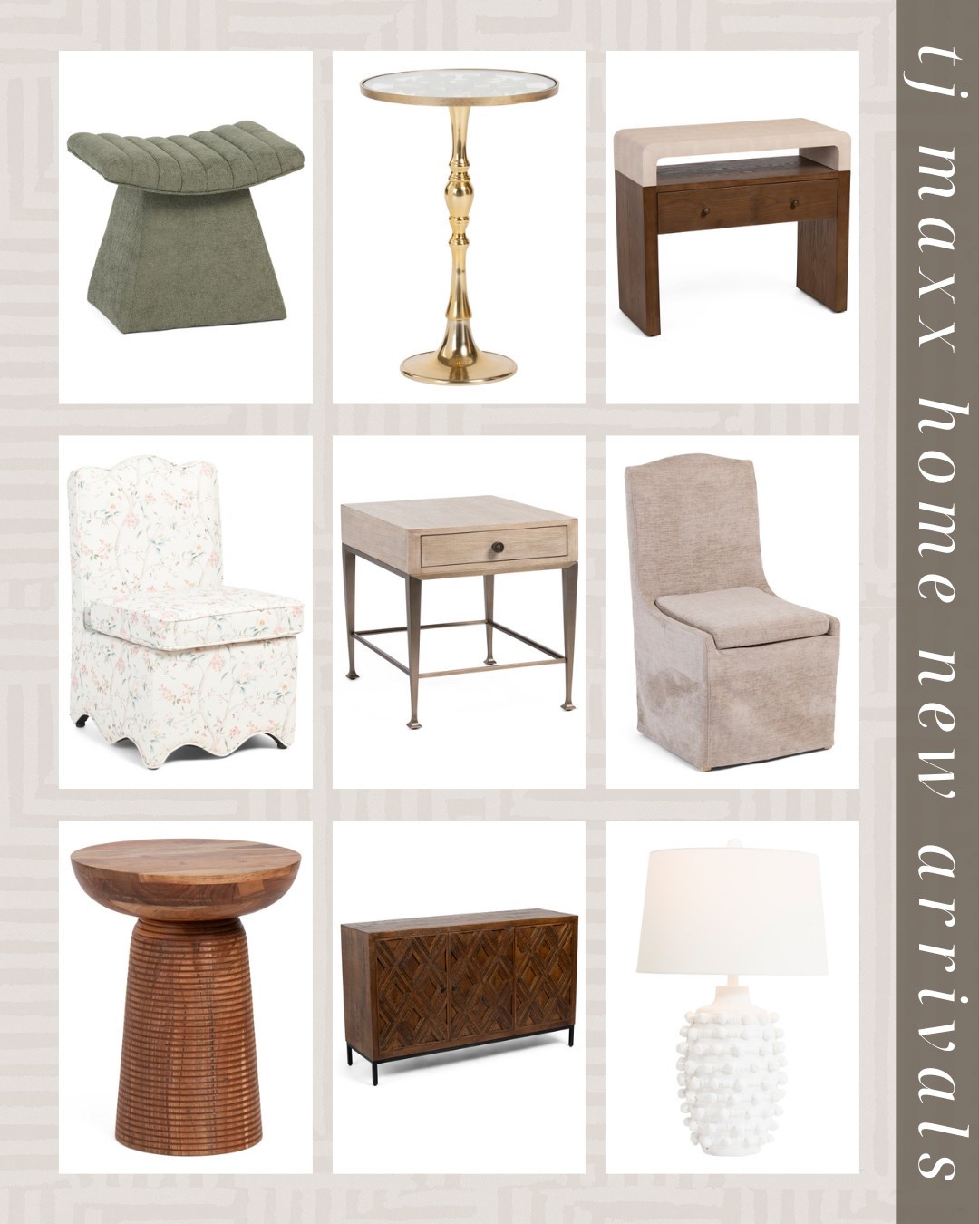 New furniture and decor arrivals from T.J. Maxx! Affordable and budget friendly pillows end tables, dressers, dining chairs and more!

Ottoman, stool, wooden console, wood dresser, side table, end table, cocktail table, gold table, dining chairs, floral chair, accent chair, designer look for less, white lamp, modern decor, wooden furniture, Home decor, home accessories, bookshelf styling, pillow covers, neutral rug, interiors, interior design, modern home decor, bedroom, neutral aesthetic, dorm room finds, classic home decor, elevate your space, home decor, traditional home decor, budget friendly home decor, Interior design, shoppable inspiration, curated styling, beautiful spaces, classic home decor, bedroom styling, living room styling, style tip


#LTKFindsUnder100 #LTKStyleTip #LTKHome