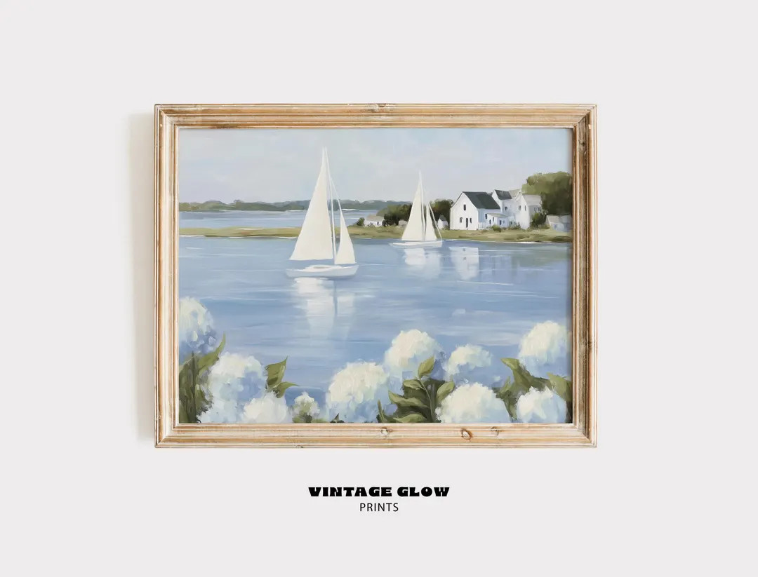 Coastal Sailboat & Blue Hydrangea Wall Art | Grandmillennial Preppy Beach Decor | Nautical Floral... | Etsy (US)