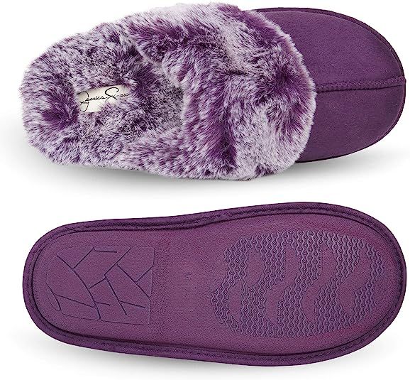 Jessica Simpson Women's Comfy Faux Fur House Slipper Scuff Memory Foam Slip on Anti-Skid Sole | Amazon (US)