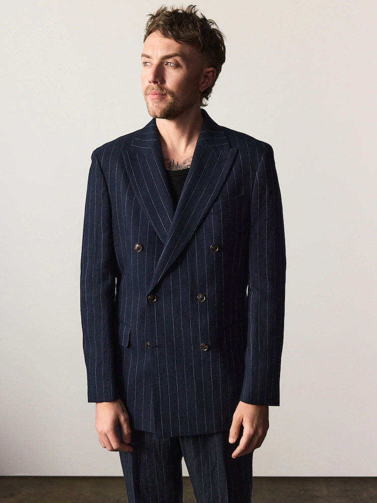 Navy Tailored Fit Double Breasted Signature Leomaster Italian Wool Linen Stripe Suit Jacket | Next US