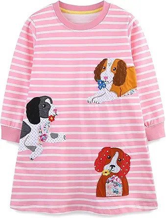 FreeLu Toddler Girls Cartoon Applique Dresses Striped Casual Dress Cotton Jersey Longsleeve T-Shi... | Amazon (US)