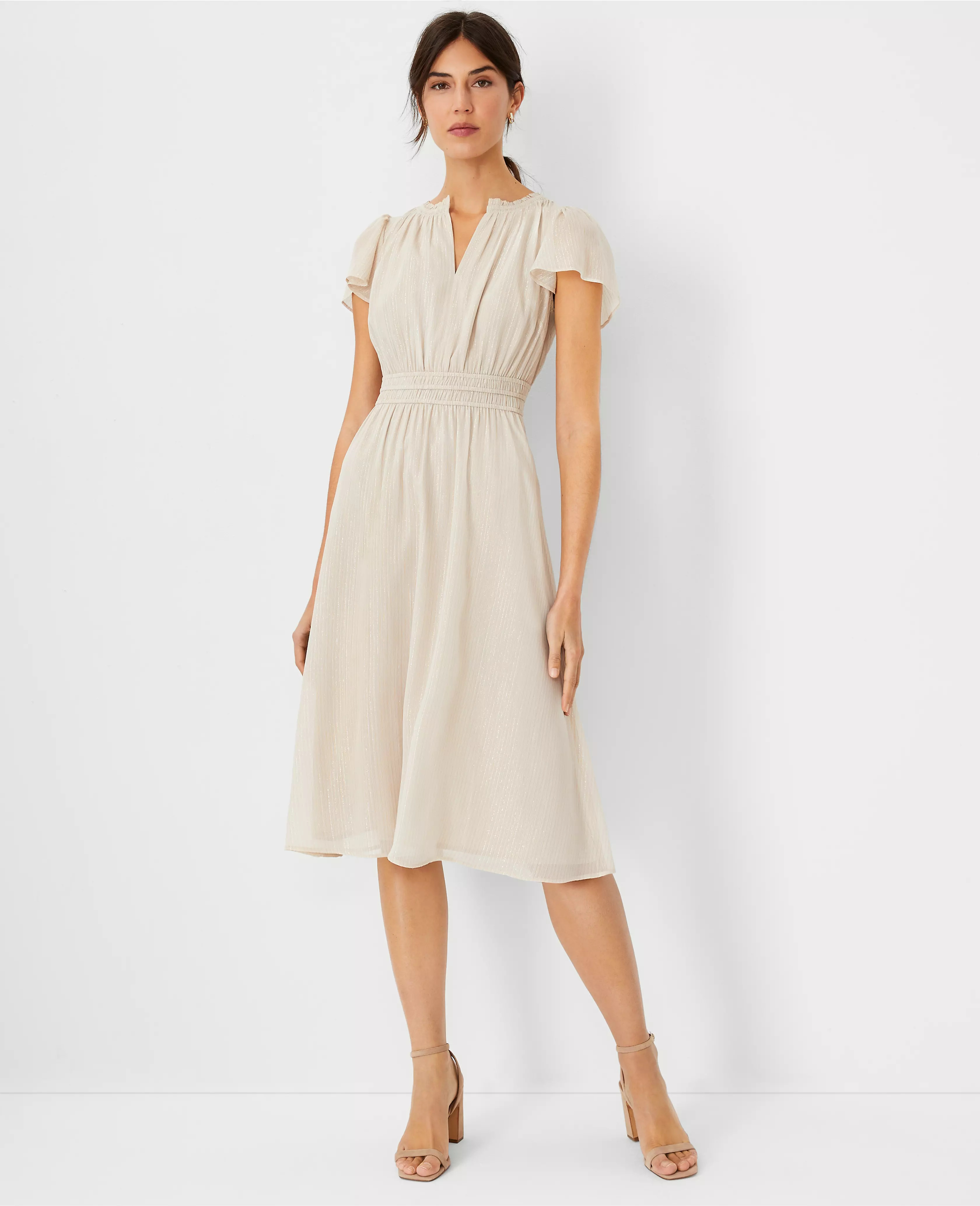 Petite Metallic Stripe Flutter Sleeve Flare Dress | Ann Taylor (US)