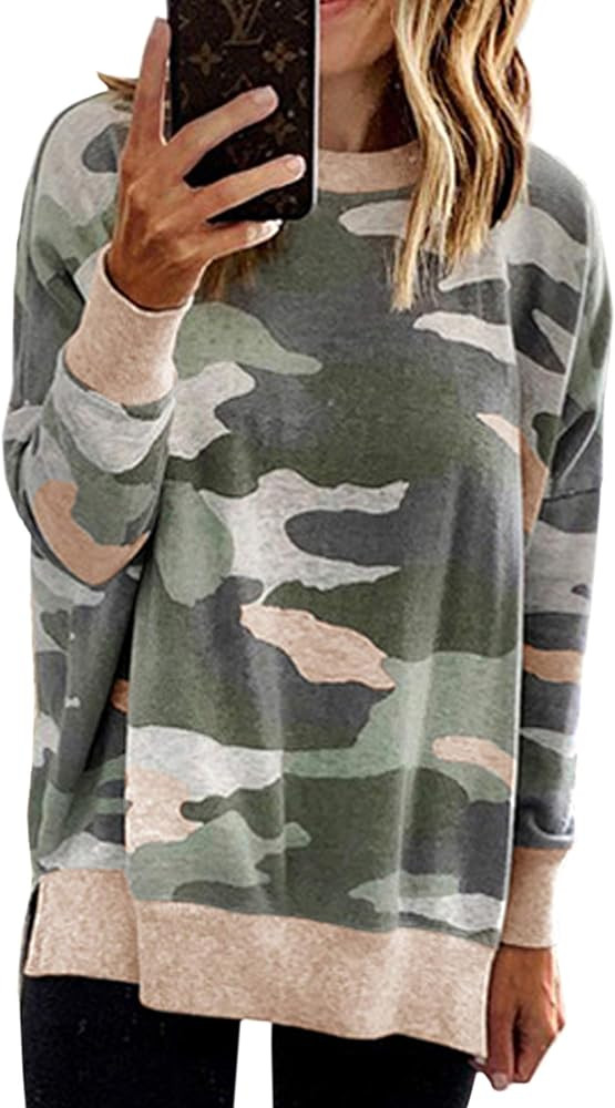 ECOWISH Women Side Split Sweatshirt: Fall Crewneck Long Sleeve Oversized Camo Shirts Casual Camou... | Amazon (US)