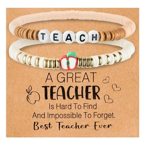 Y1tvei 2Pcs Teacher Appreciation Bracelet Gift Teach Apple Beaded Heishi Polymer Clay Beads Layering Stretch Bracelet Stack Personalized Jewelry Back to School Gifts for Teacher (Beige) | Amazon (US)
