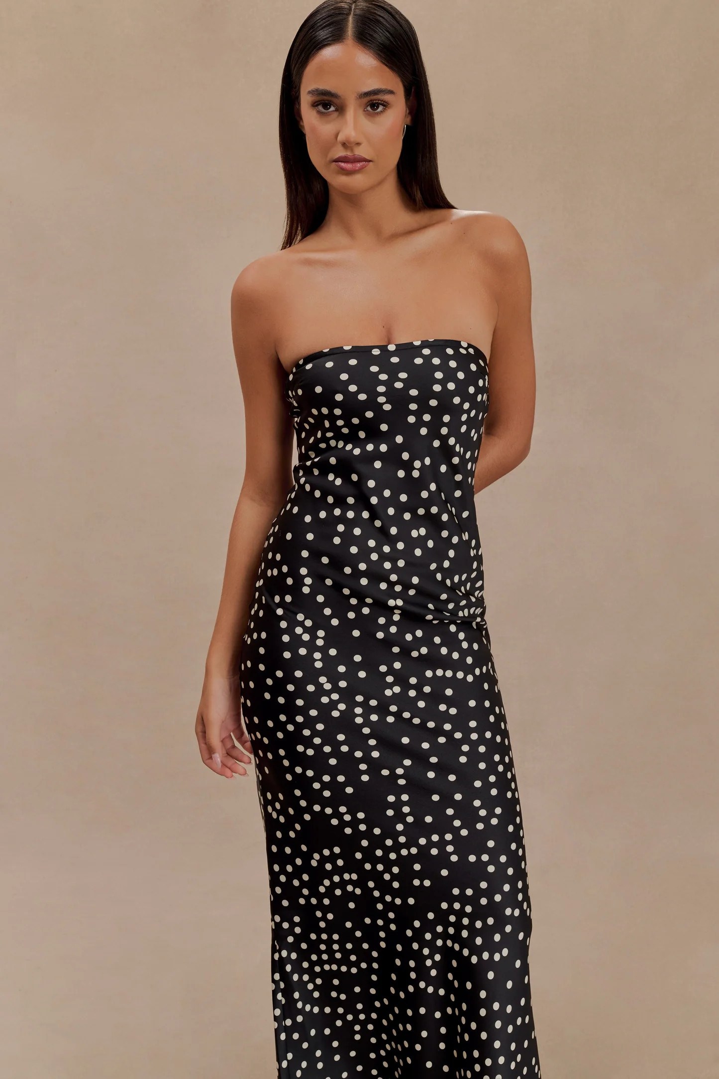 Claudette Strapless Satin Maxi Dress - Black Polka Dot Print | MESHKI US