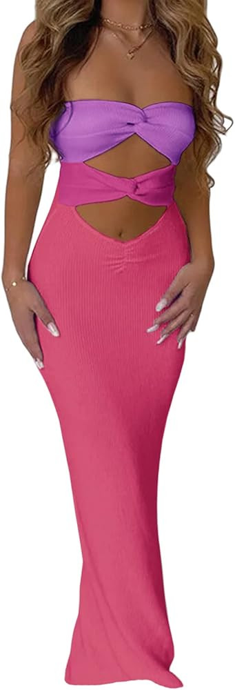 Maxi Tube Dress for Women Y2K Strapless Long Dress Fashion Floral Ruffled Cut Out Twist Knot Maxi... | Amazon (US)