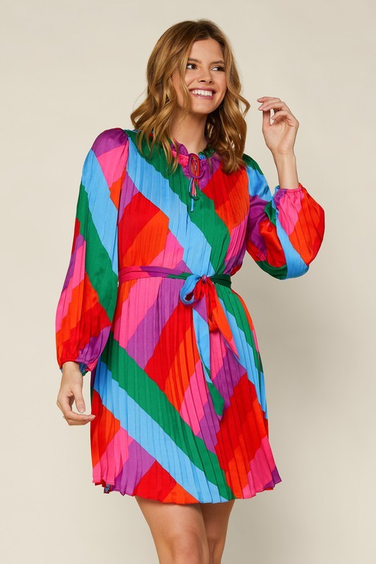 AURORA RAINBOW PLEATED DRESS: PLUS SIZE | Indigeaux Denim Bar & Boutique