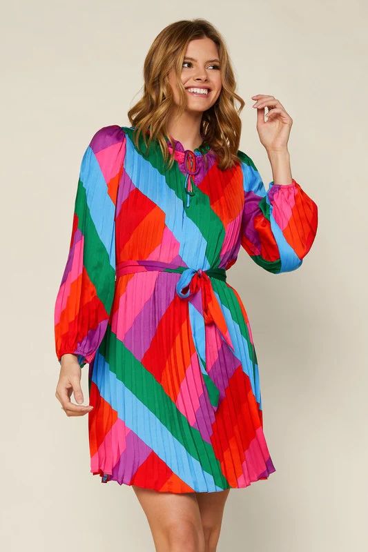 AURORA RAINBOW PLEATED DRESS: PLUS SIZE | Indigeaux Denim Bar & Boutique