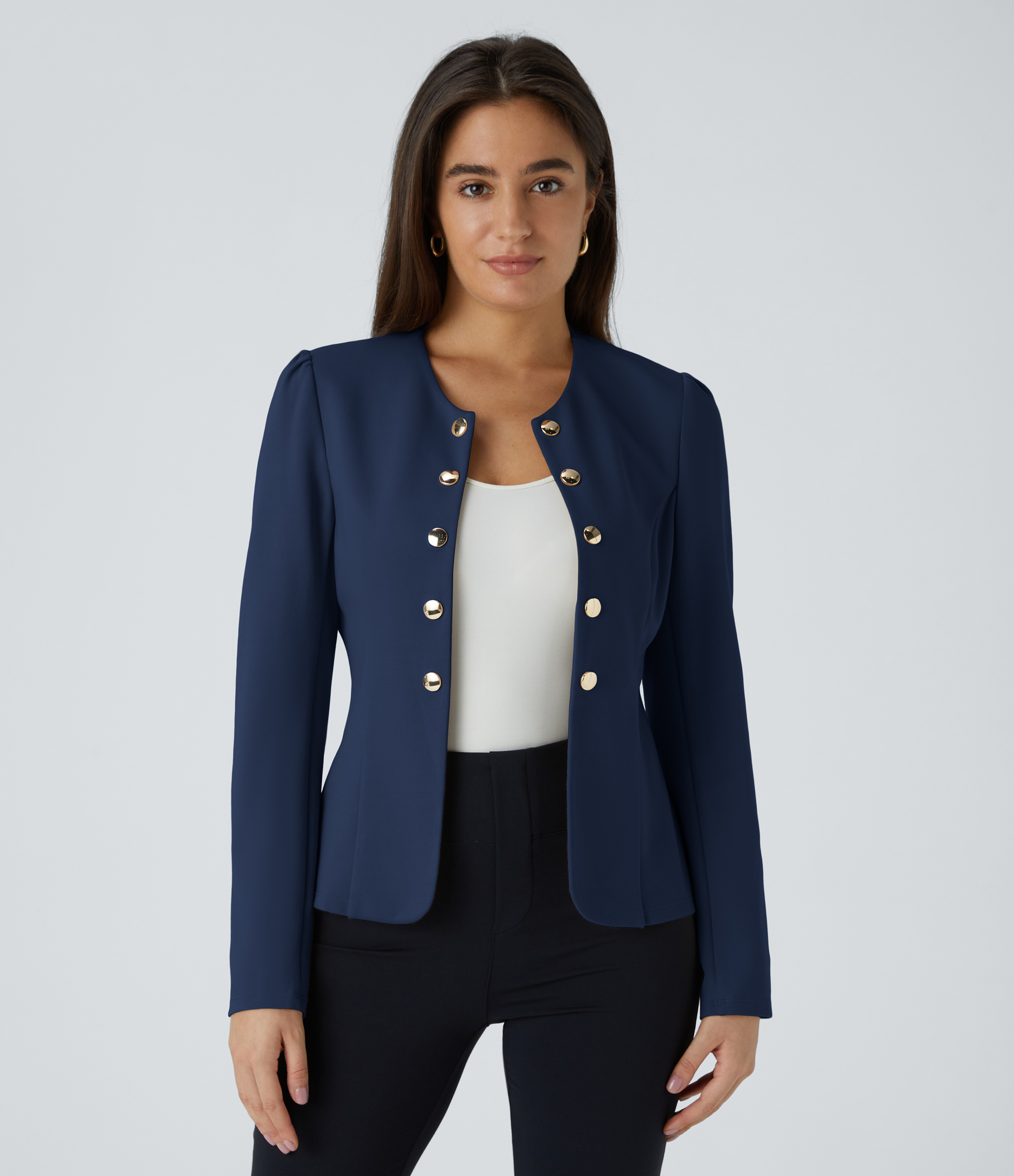 Halara Round Neck Long Sleeve Decorative Button Slim Work Blazer - Assad Dark Blue - XS | Halara-AU