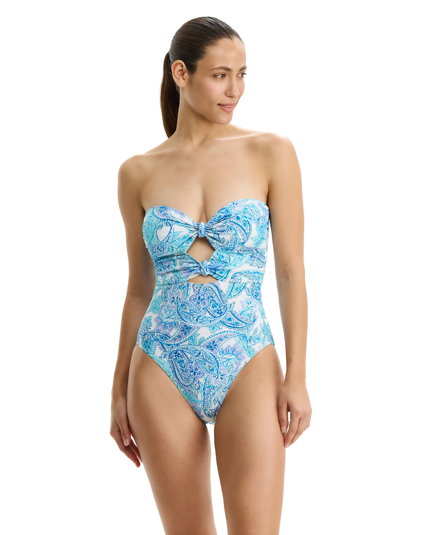 Boho Bloom Cut Out Bandeau One Piece-Blue Multi | Gottex Swimwear